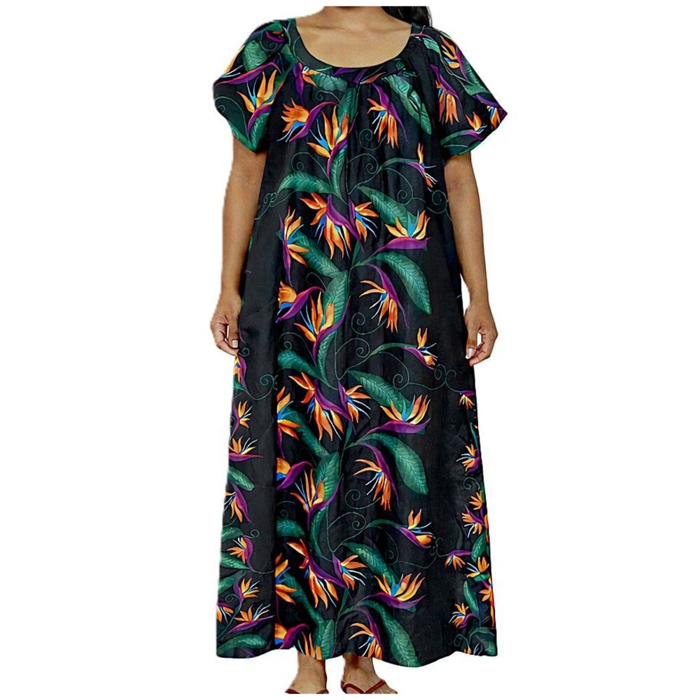 Hilo Hattie Hawaiian Muumuu Dress Women Medium Side Pocket Maxi Bird Of Paradise